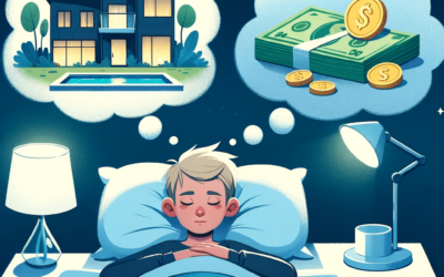 DALL·E 2023-11-03 01.36.22 – Illustration of a person with a light complexion and blonde hair sleeping soundly in their bed. Above them are two dream bubbles; one showc